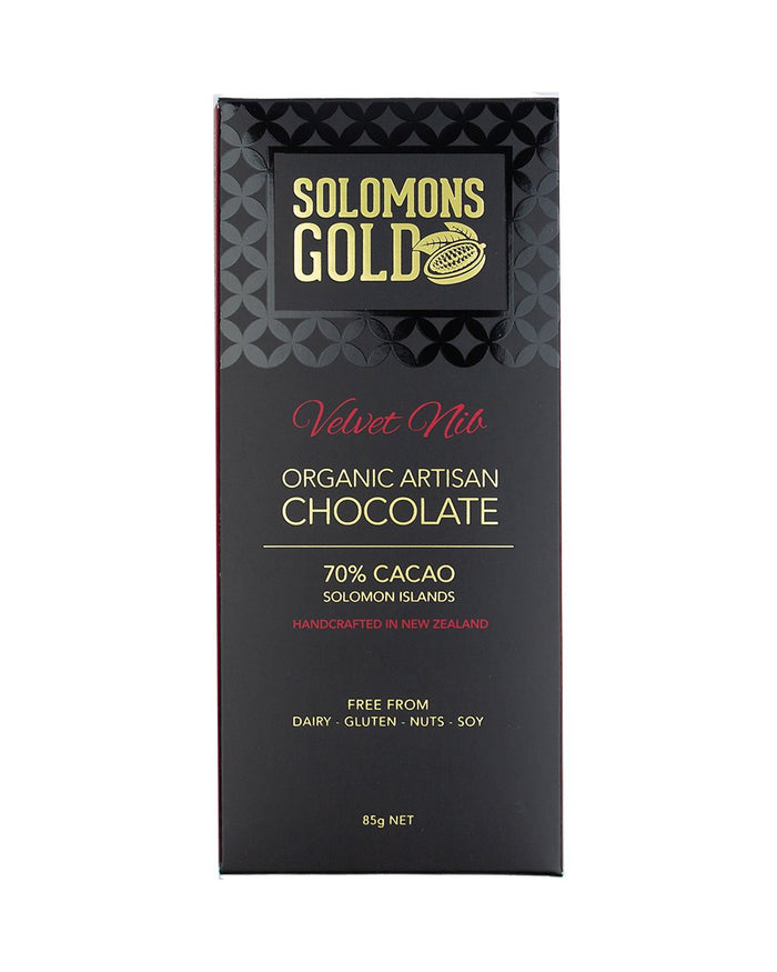 Image of Solomons Gold Dark Velvet Chocolate. 70% Organic Artisan Dark Chocolate. Handcrafted in New Zealand. Free from Dairy, Gluten, Nuts and Soy. Single-Origin Solomon Islands. 